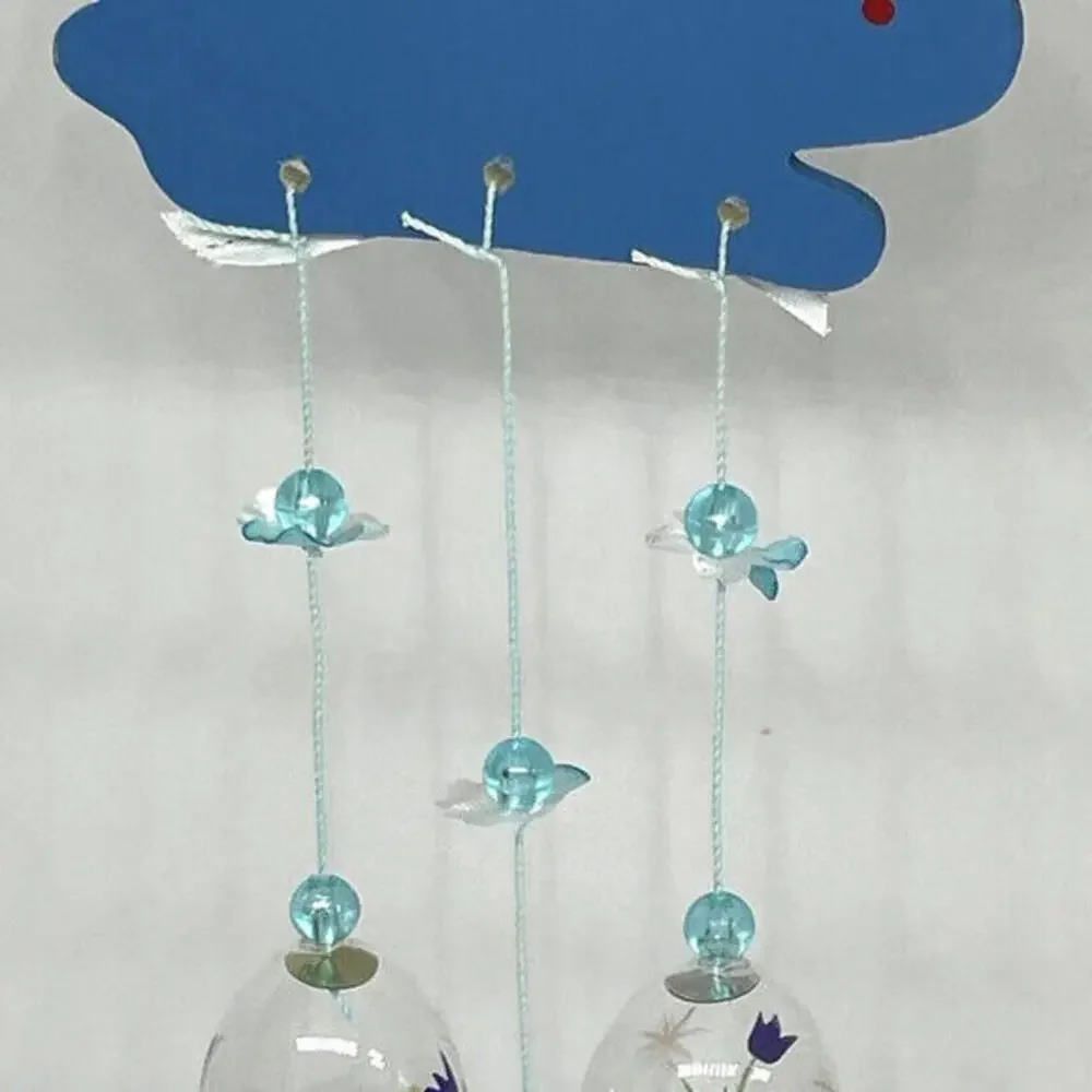Vintage Taiwan Easter Bunny Wind Chime Hand Blown Glass Eggs Wood Rabbit 12